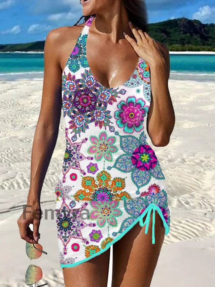 Women’s Vintage Floral Print Pleated V-Neck Casual Swimsuit A / S