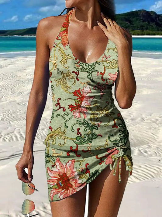 Women’s Vintage Floral Print Pleated V-Neck Casual Swimsuit A / S