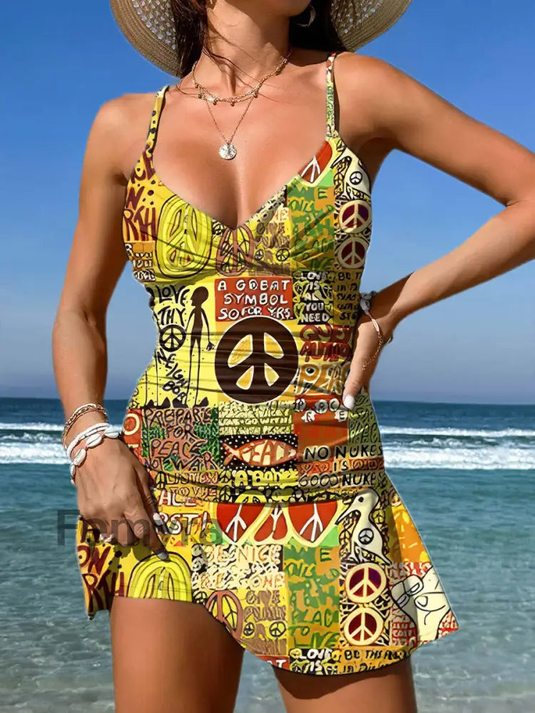 Women’s Vintage Floral Print Pleated V-Neck Casual Swimsuit A / S
