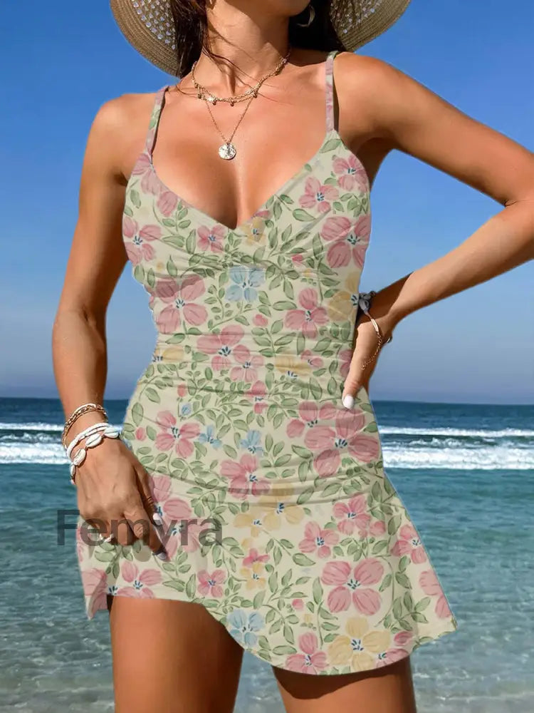 Women’s Vintage Floral Print Pleated V-Neck Casual Swimsuit A / S