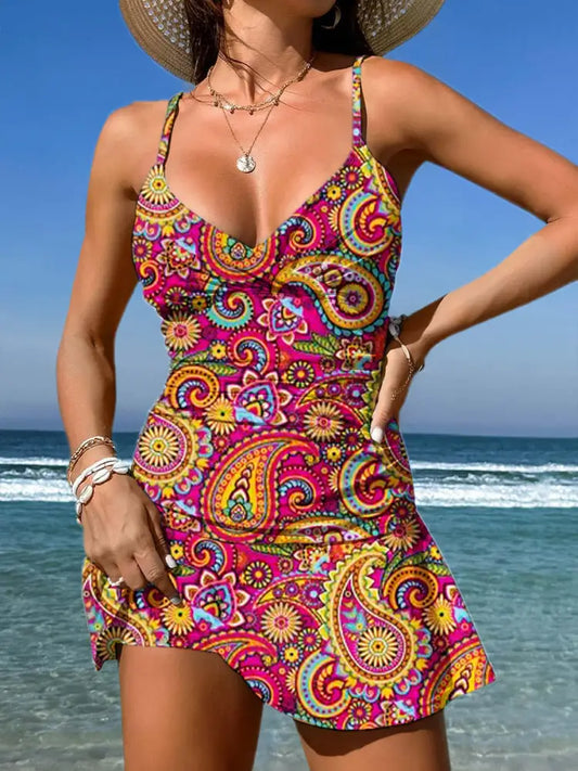 Women’s Vintage Floral Print Pleated V-Neck Casual Swimsuit A / S