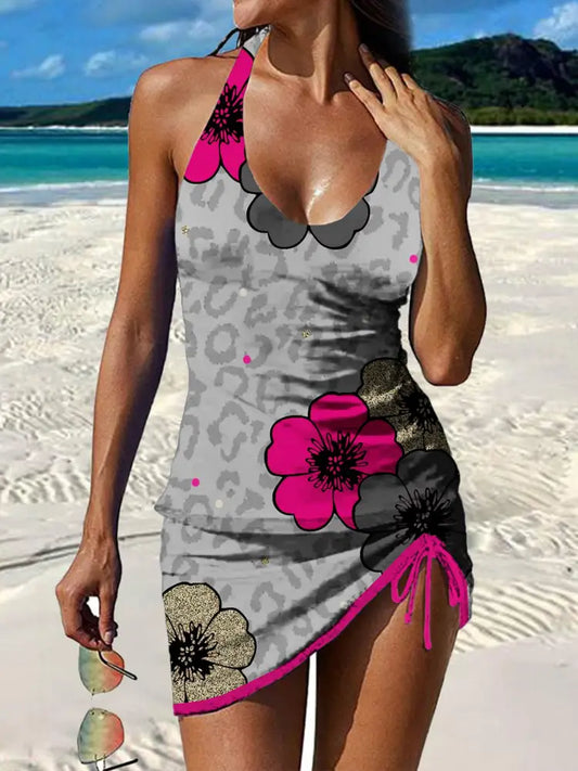 Women’s Vintage Floral Print Pleated V-Neck Casual Swimsuit A / S