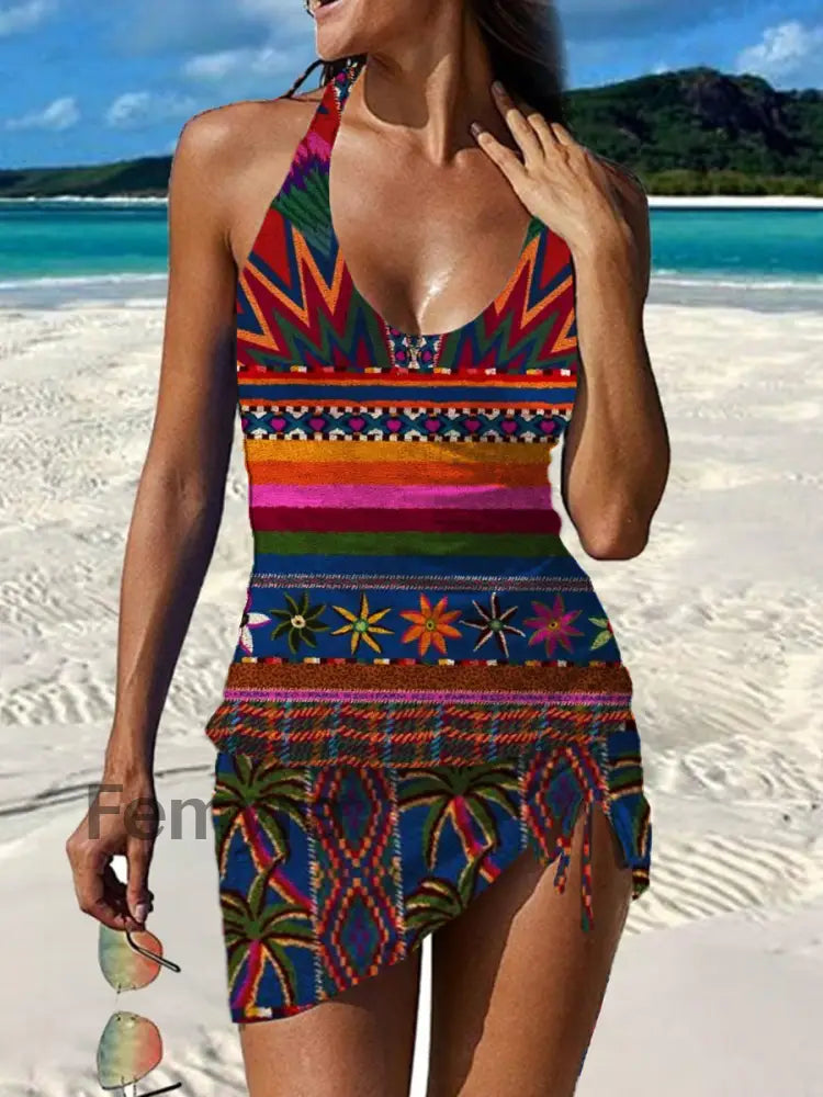 Women’s Vintage Floral Print Pleated V-Neck Casual Swimsuit A / S