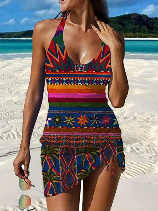 Women’s Vintage Floral Print Pleated V-Neck Casual Swimsuit A / S