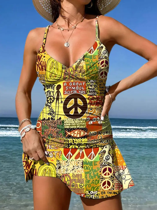 Women’s Vintage Floral Print Pleated V-Neck Casual Swimsuit A / S