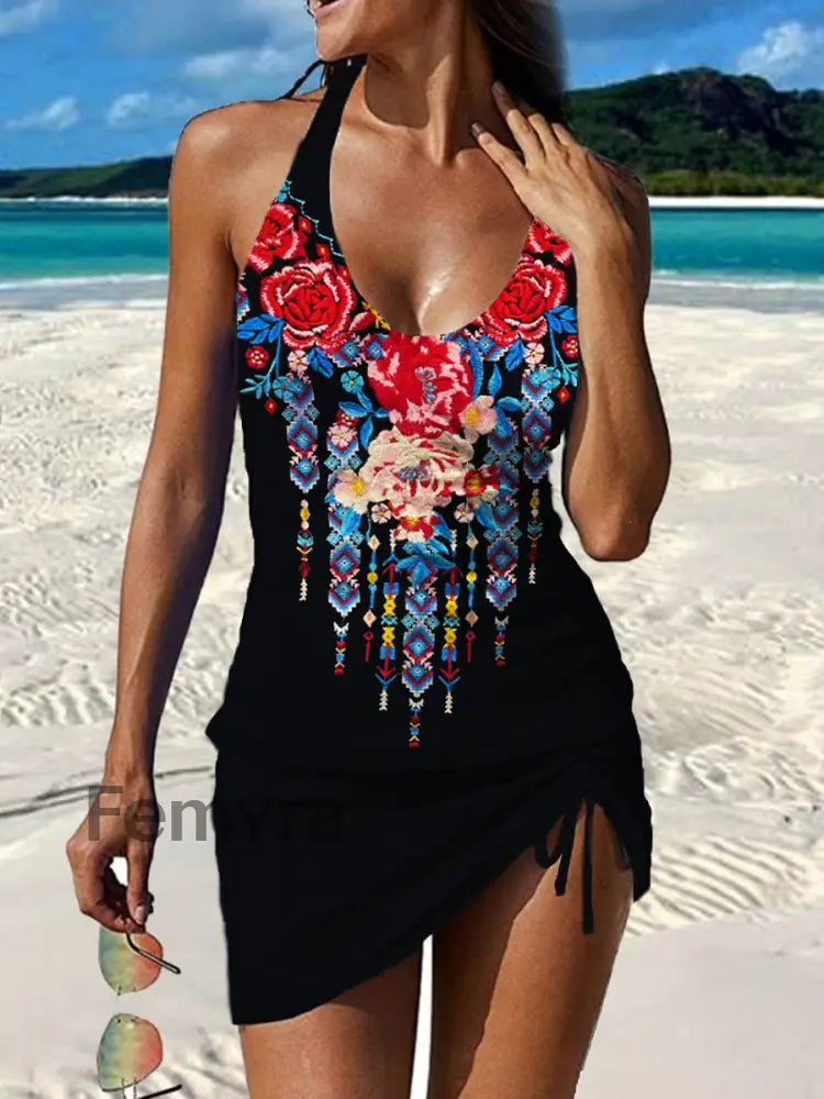 Women’s Vintage Floral Print Pleated V-Neck Casual Swimsuit A / S