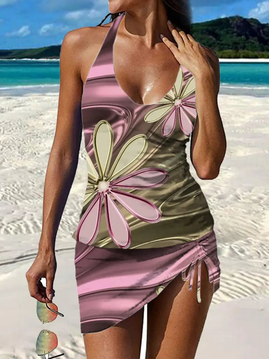 Women’s Vintage Floral Print Pleated V-Neck Casual Swimsuit A / S