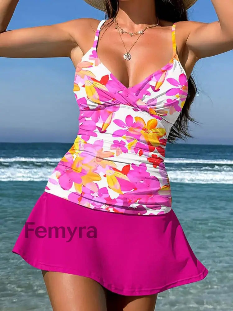 Women’s Vintage Floral Print Pleated V-Neck Casual Swimsuit A / S