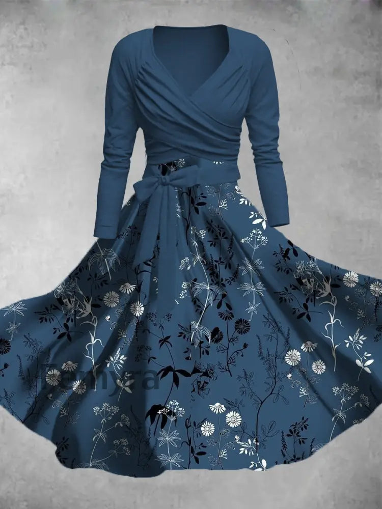 Women’s Vintage Floral Print V-Neck Long Sleeve Midi Dress