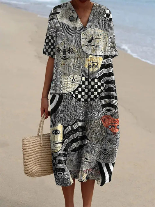 Women’s Vintage Funny Abstract Figure Art Print Flowy Dress Black / S