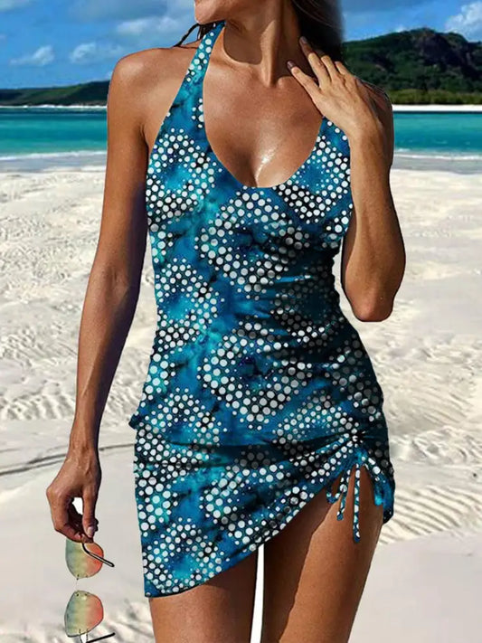 Women’s Vintage Geometric Art Print Pleated V-Neck Casual Swimsuit A / S