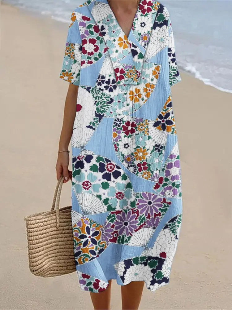 Women’s Vintage Geometric Art Print Short Sleeve Dresses Blue / S