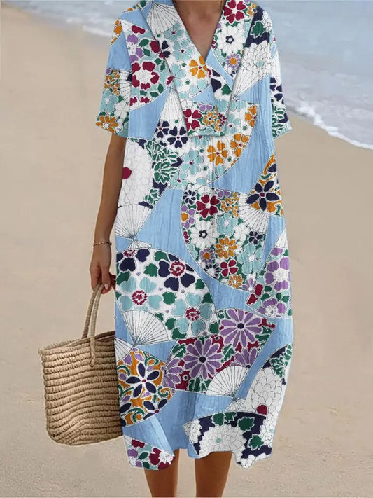 Women’s Vintage Geometric Art Print Short Sleeve Dresses Blue / S