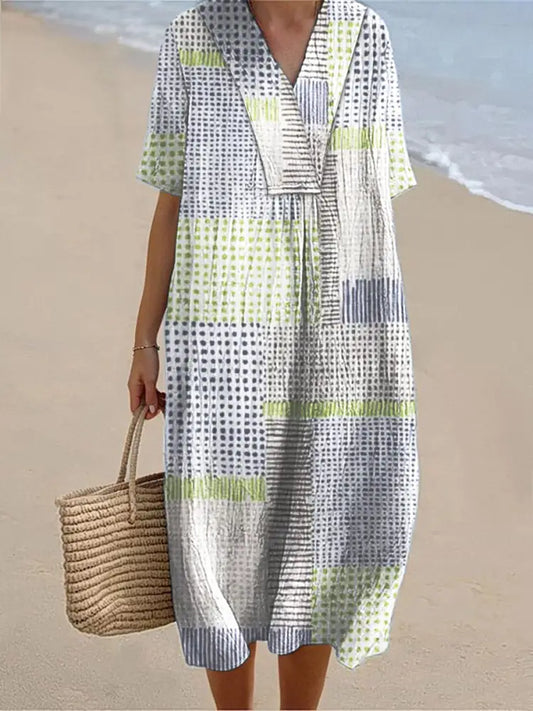 Women’s Vintage Geometric Art Print Short Sleeve Dresses Green / S
