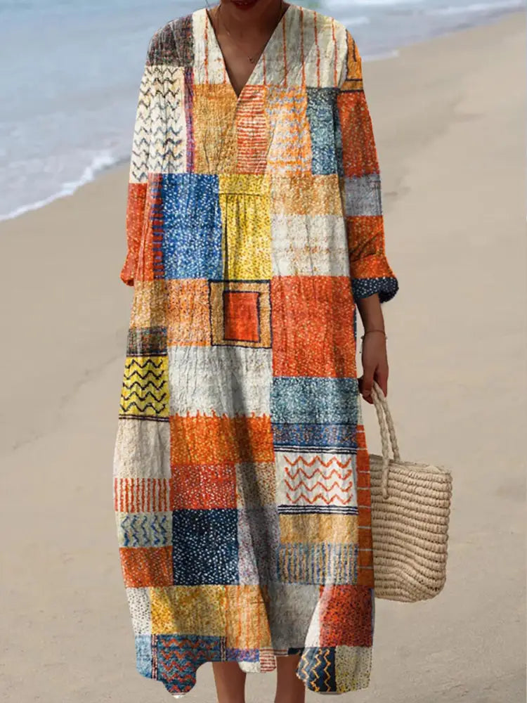 Women’s Vintage Geometric Pattern Art Print Cotton Dress Colorful / S