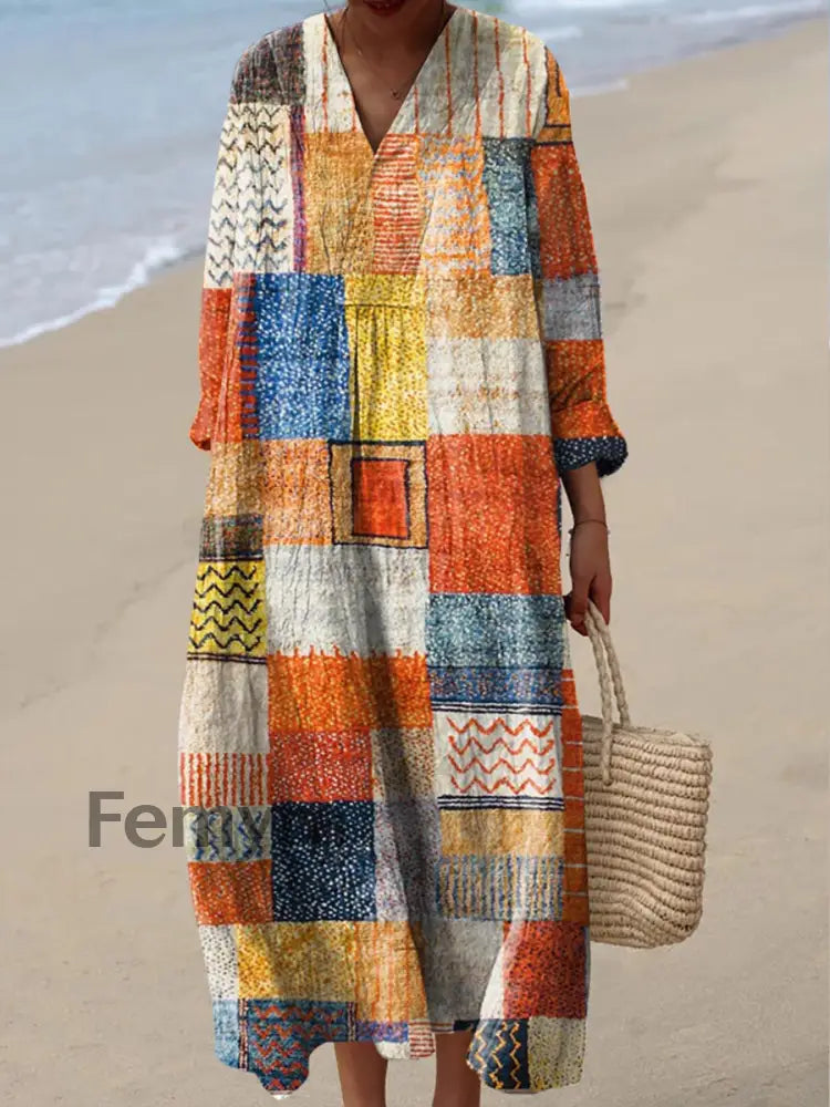 Women’s Vintage Geometric Pattern Art Print Cotton Dress Colorful / S