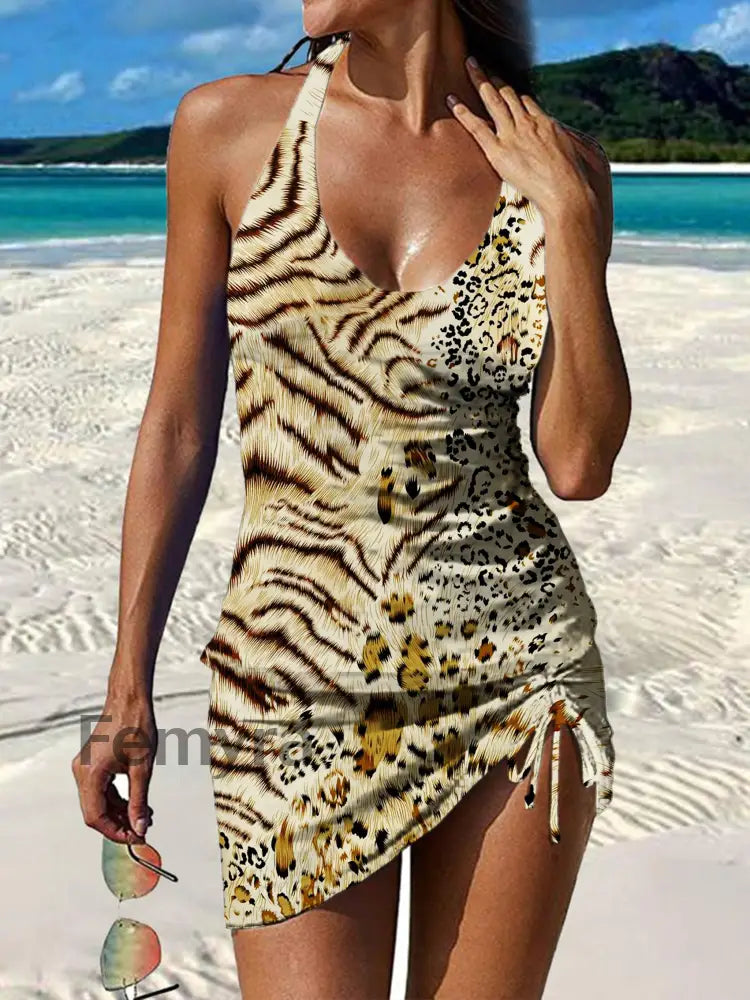 Women’s Vintage Leopard Print Pleated V-Neck Casual Swimsuit A / S