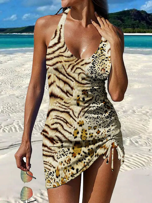 Women’s Vintage Leopard Print Pleated V-Neck Casual Swimsuit A / S