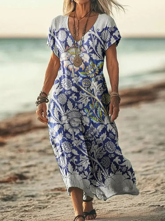 Women’s Vintage Location Printed V-Neck Short Sleeve Dress