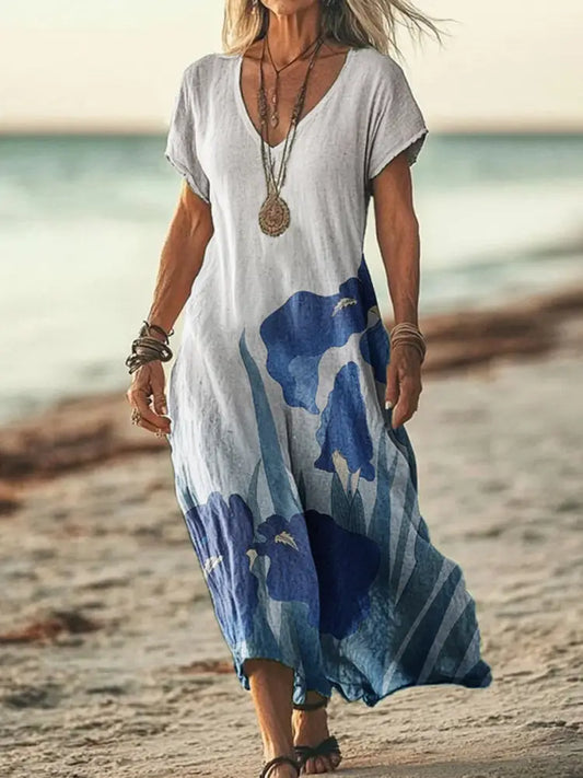 Women’s Vintage Location Printed V-Neck Short Sleeve Dress