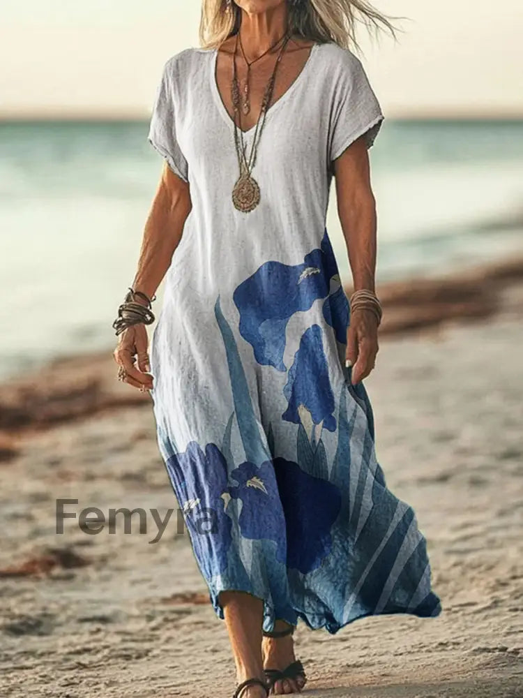Women’s Vintage Location Printed V-Neck Short Sleeve Dress
