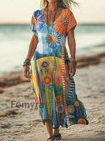 Women’s Vintage Location Printed V-Neck Short Sleeve Dress Colorful / S