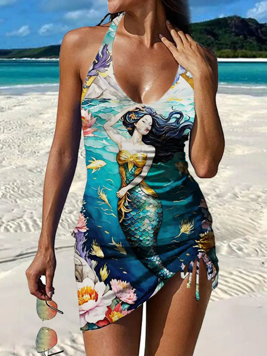 Women’s Vintage Mermaid Print Pleated V-Neck Casual Swimsuit A / S