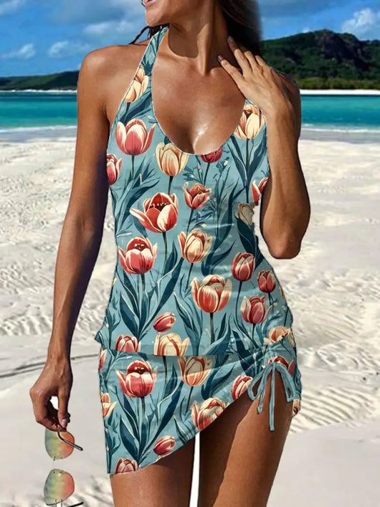 Women’s Vintage Paisley Floral Print Pleated Swimsuit Set