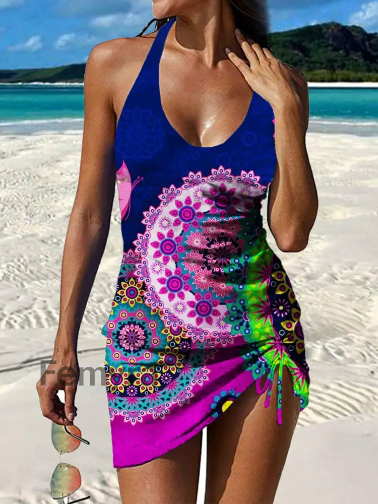 Women’s Vintage Paisley Floral Print Pleated Swimsuit Set