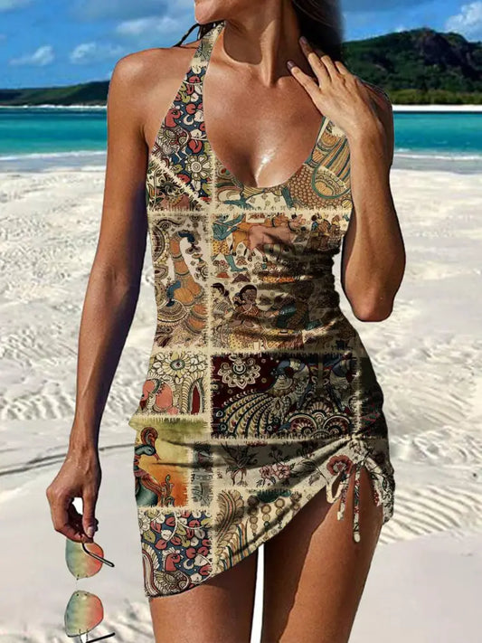 Women’s Vintage Paisley Floral Print Pleated Swimsuit Set