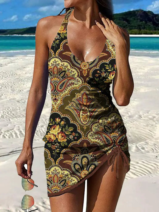 Women’s Vintage Paisley Floral Print Pleated Swimsuit Set