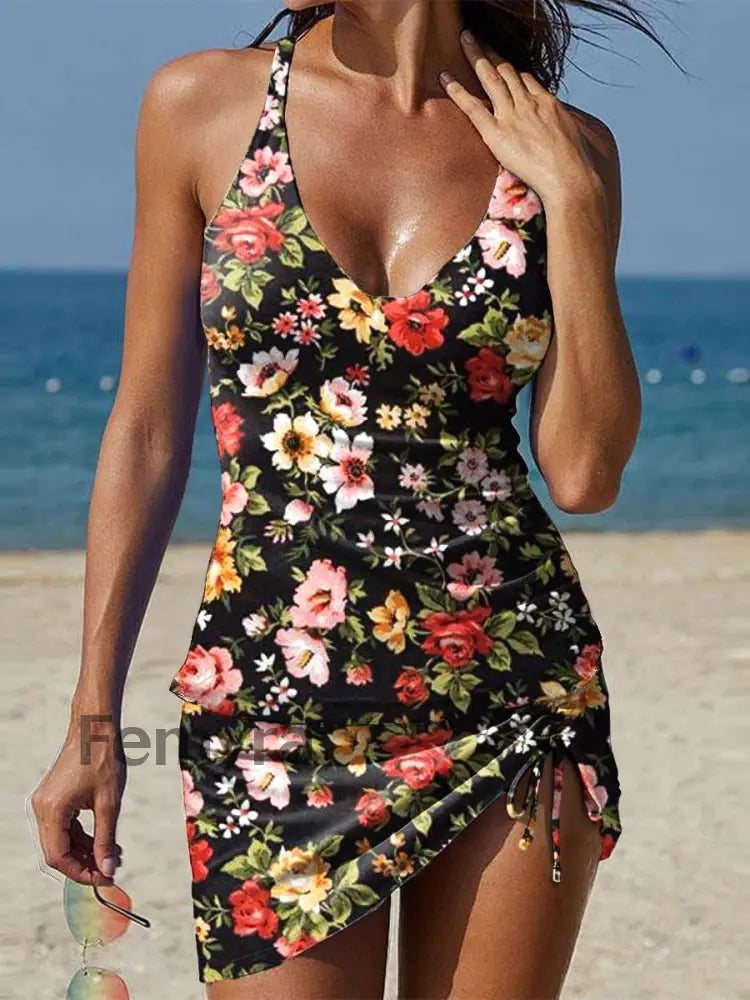 Women’s Vintage Romantic Floral Print Ruched Swimsuit Set Colorful / S