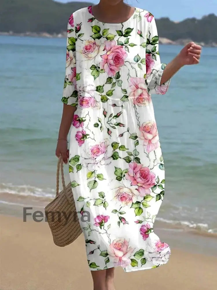 Women’s Vintage V-Neck Floral Art Print Temperament Casual Dress